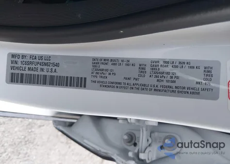 2025 Ram 1500 Rho 4X4 5'7 Box z USA, uszkodzony, nr VIN 1C6SRFUP4SN621540